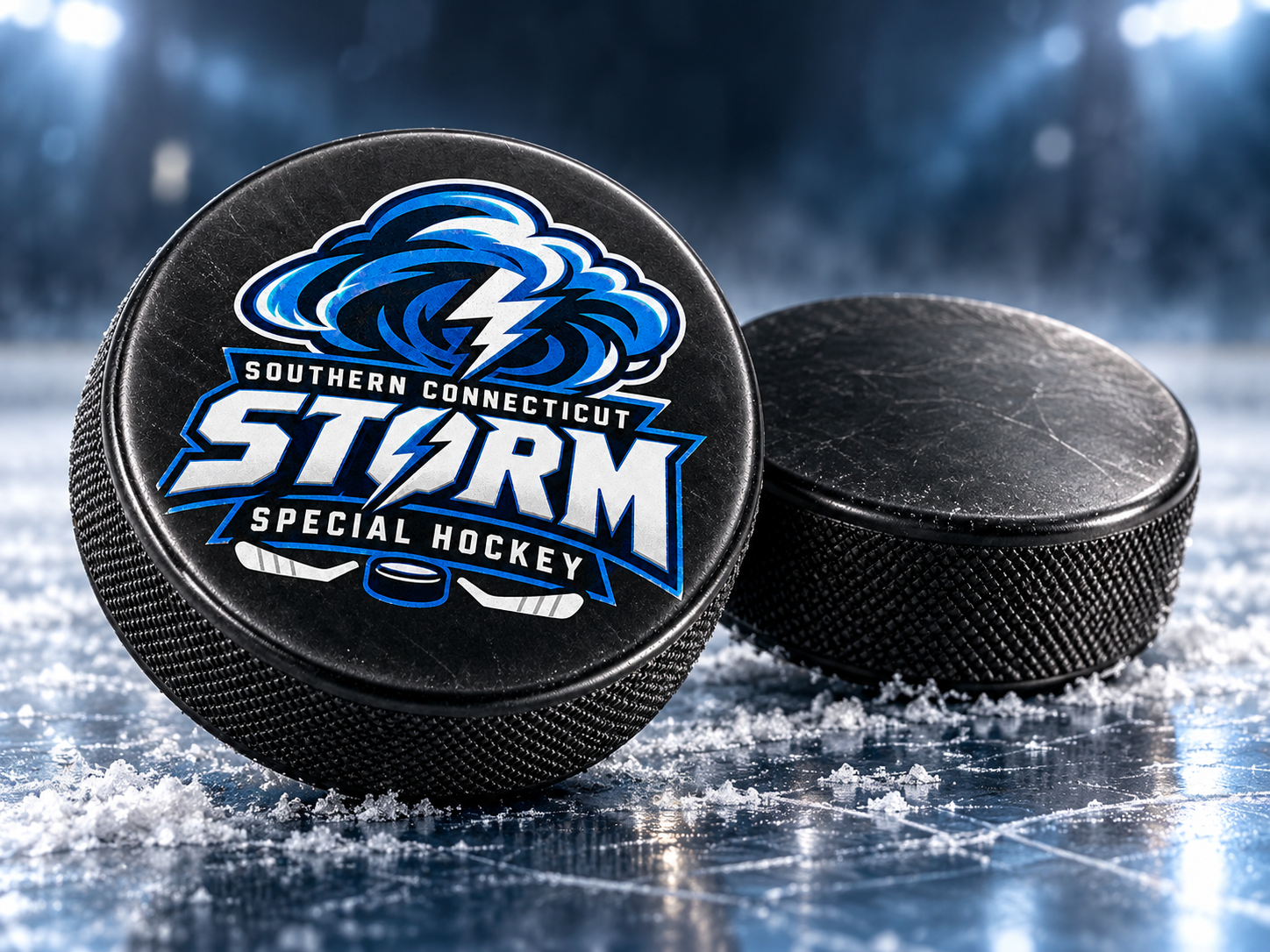 Concept image of a Storm-branded hockey puck beside a plain black puck on ice